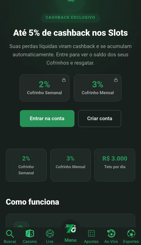 Tela do Cofrinho no site da 7Games, com Cofrinho Semanal e Mensal