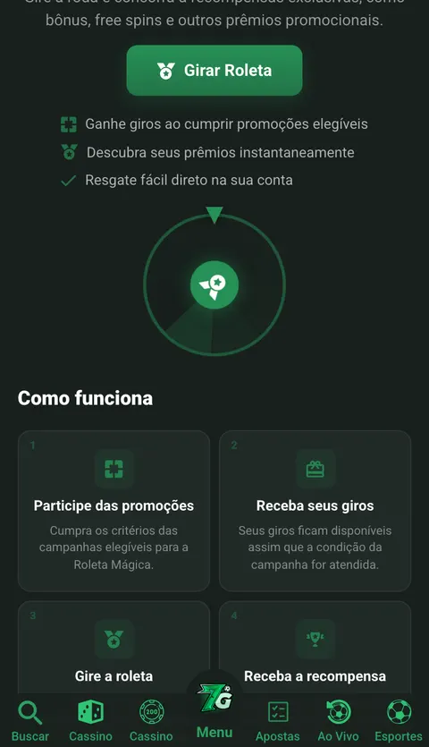 Tela da Roleta Mágica no site da 7Games