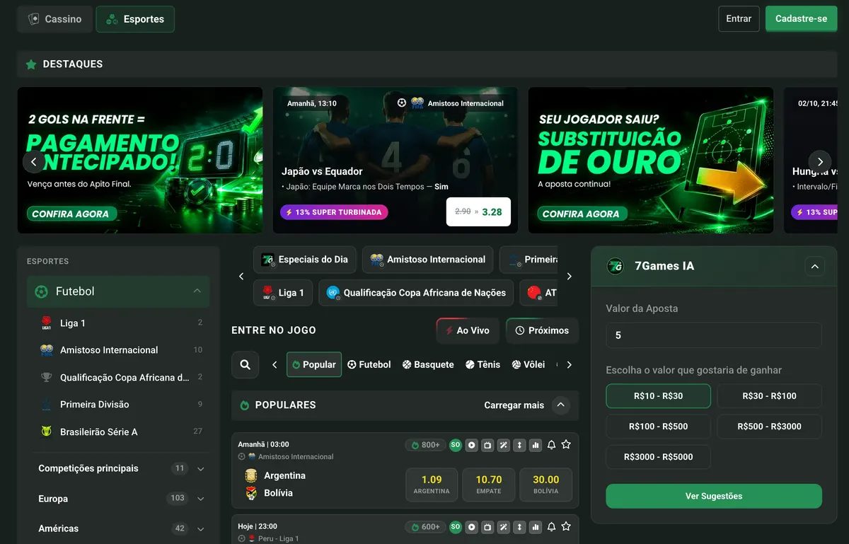 Página de Esportes: destaques, filtros por esporte, abas Ao Vivo e Próximos e o cupom de apostas · captura de 30/09/2026.
